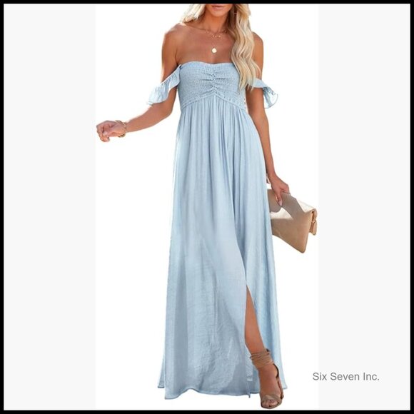 Dresses & Skirts - Polyester Smocked Off Shoulder Maxi Dress with Ruffle Sleeves and Side Slit